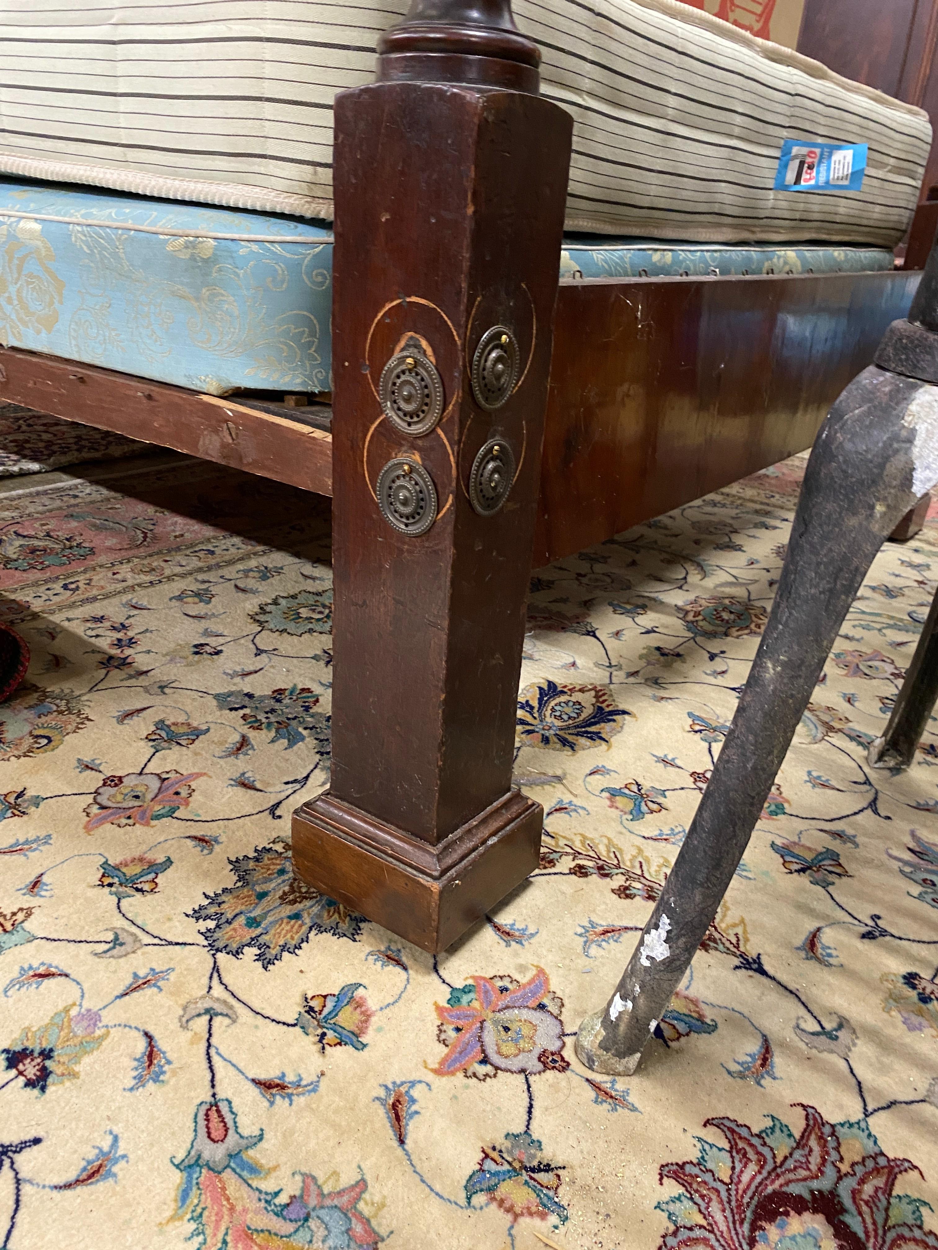A George III carved mahogany four poster bed frame with mattress, length 204cm, width 140cm